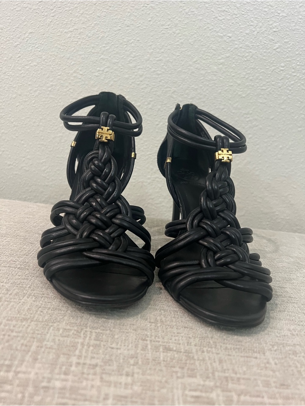 Tory Burch Black Braided Strap Heeled Sandals with Gold Logo